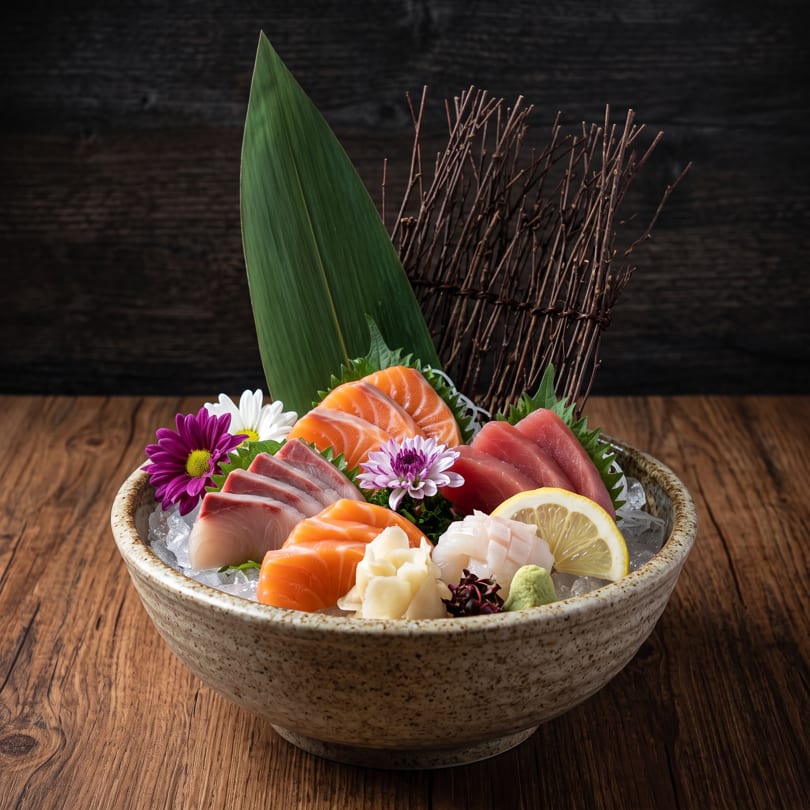 A large bowl of fresh sashimi, including salmon, tuna, and white fish, garnished with flowers and lemon.
