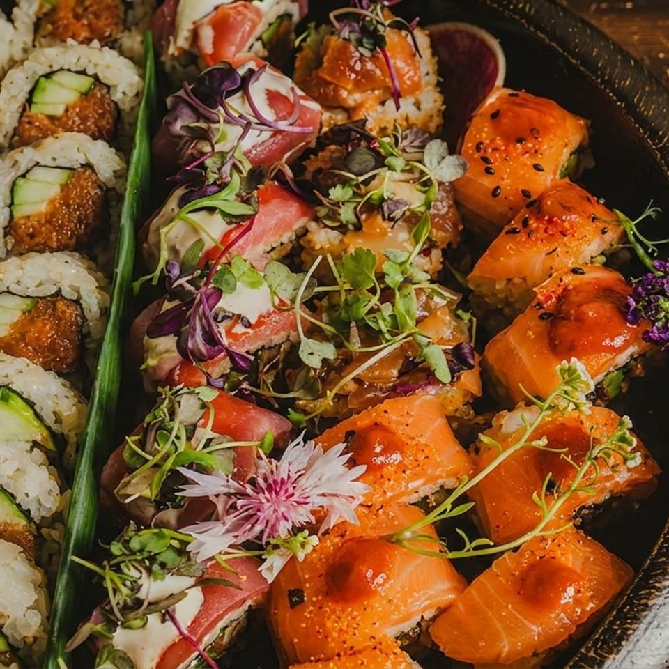 A platter of various sushi rolls, including cucumber and spicy tuna, on a dark wooden surface.